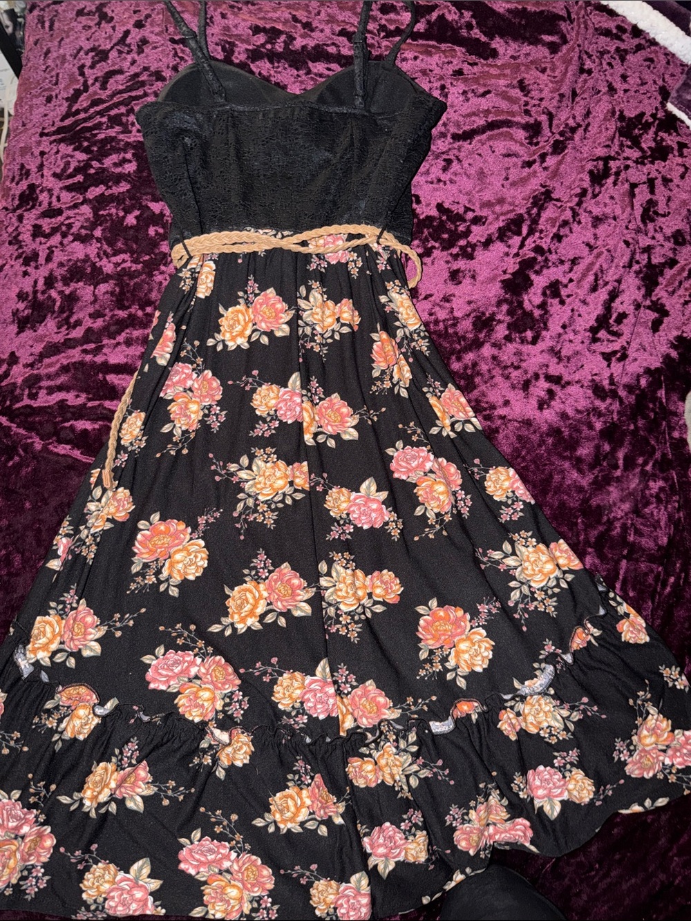 Black Floral Tiered Sundress with Rope Belt - Picture 4 of 4